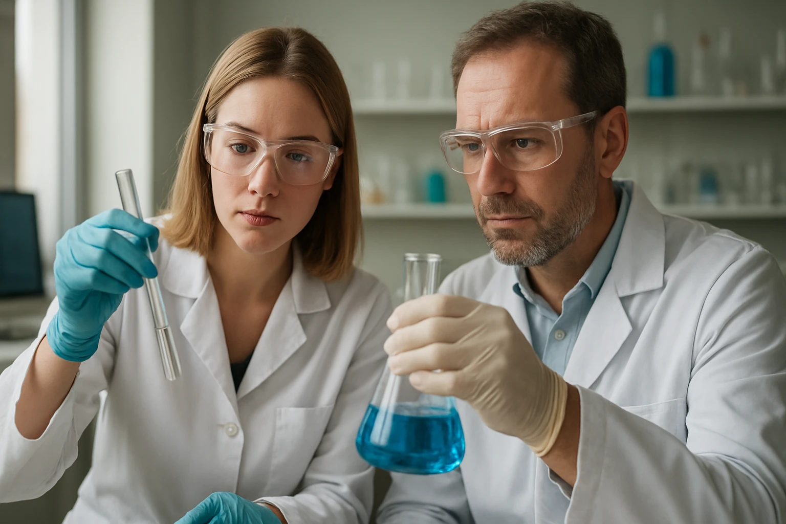 Kémikusok laboratóriumban, kék folyadékot vizsgálnak