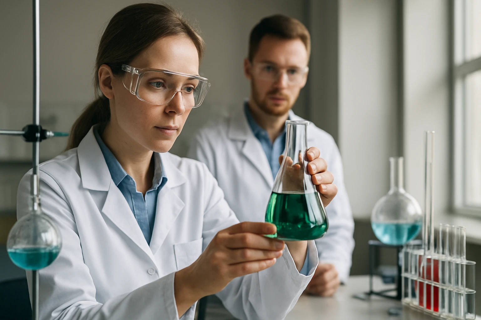 Két laboráns kémikus zöld folyadékú lombikot vizsgál.