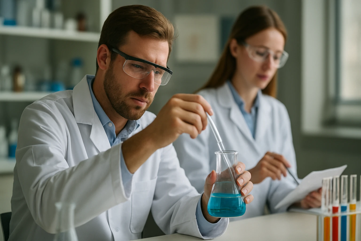 Kémikusok kadmium-szulfid kutatás közben laboratóriumban.