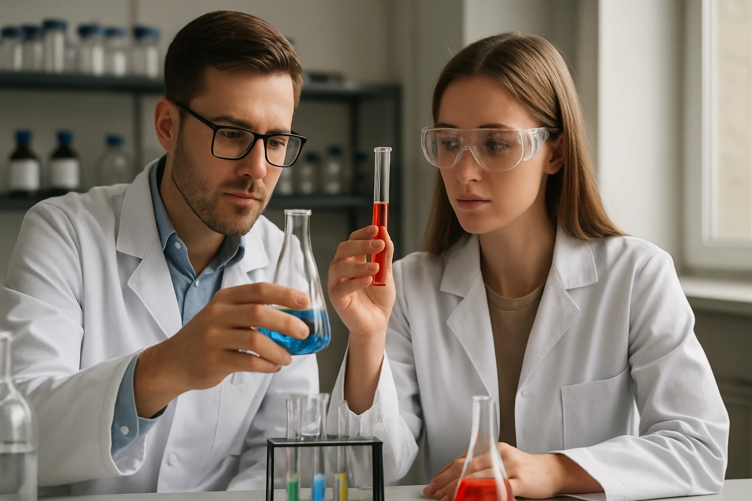 Két kémikus laboratóriumban, különböző színű folyadékokat vizsgálnak