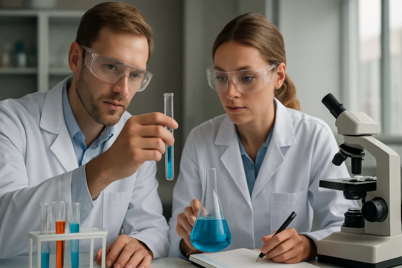 Kalcium-alginát: Szerkezet, Tulajdonságok és Alkalmazási Lehetőségek Két tudós laboratóriumban kémcsöveket vizsgál, kalcium-alginát kutatás.