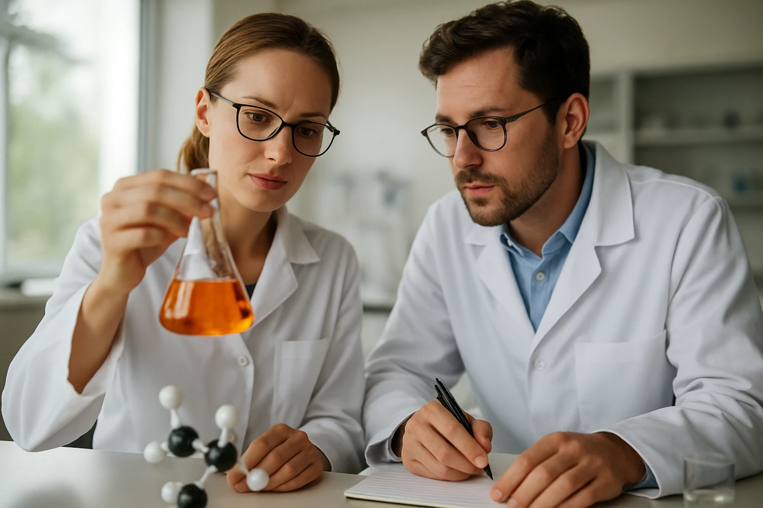 Két kutató laboratóriumban, kalcium-biszulfát elemzése közben.