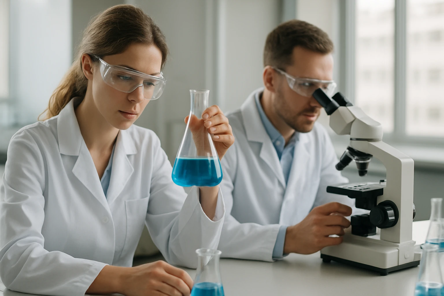 Két kutató laboratóriumban, egy nő kék oldatú lombikot tart, férfi mikroszkóppal dolgozik.