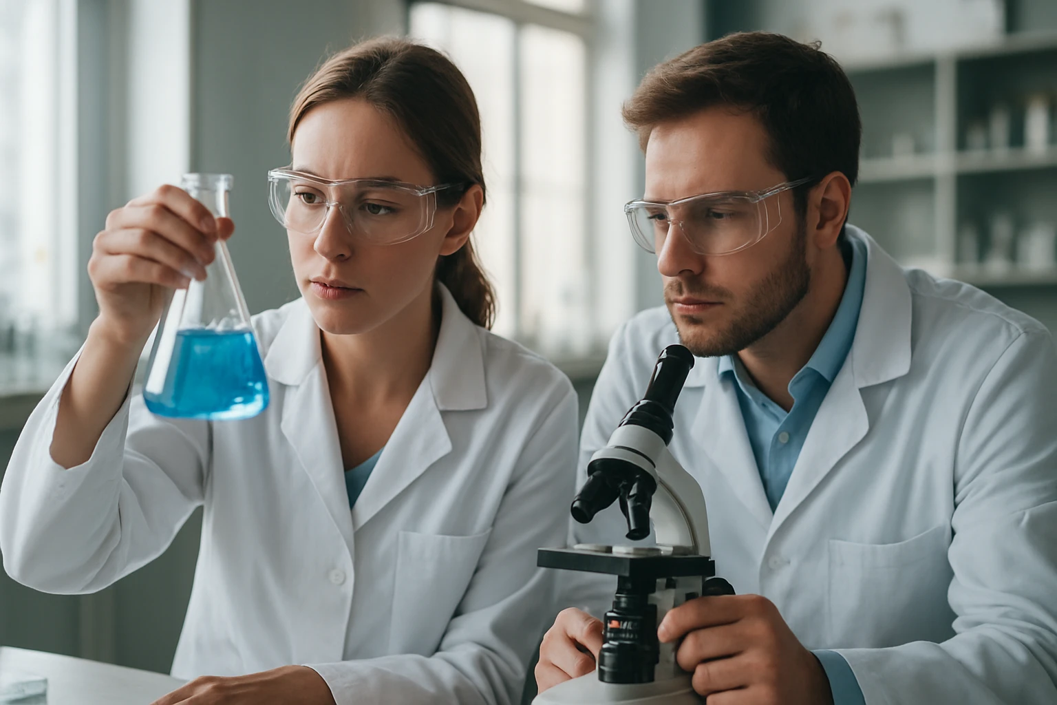 Két tudós laborban, kémiai kísérletet végeznek kalcium-glutamáttal.