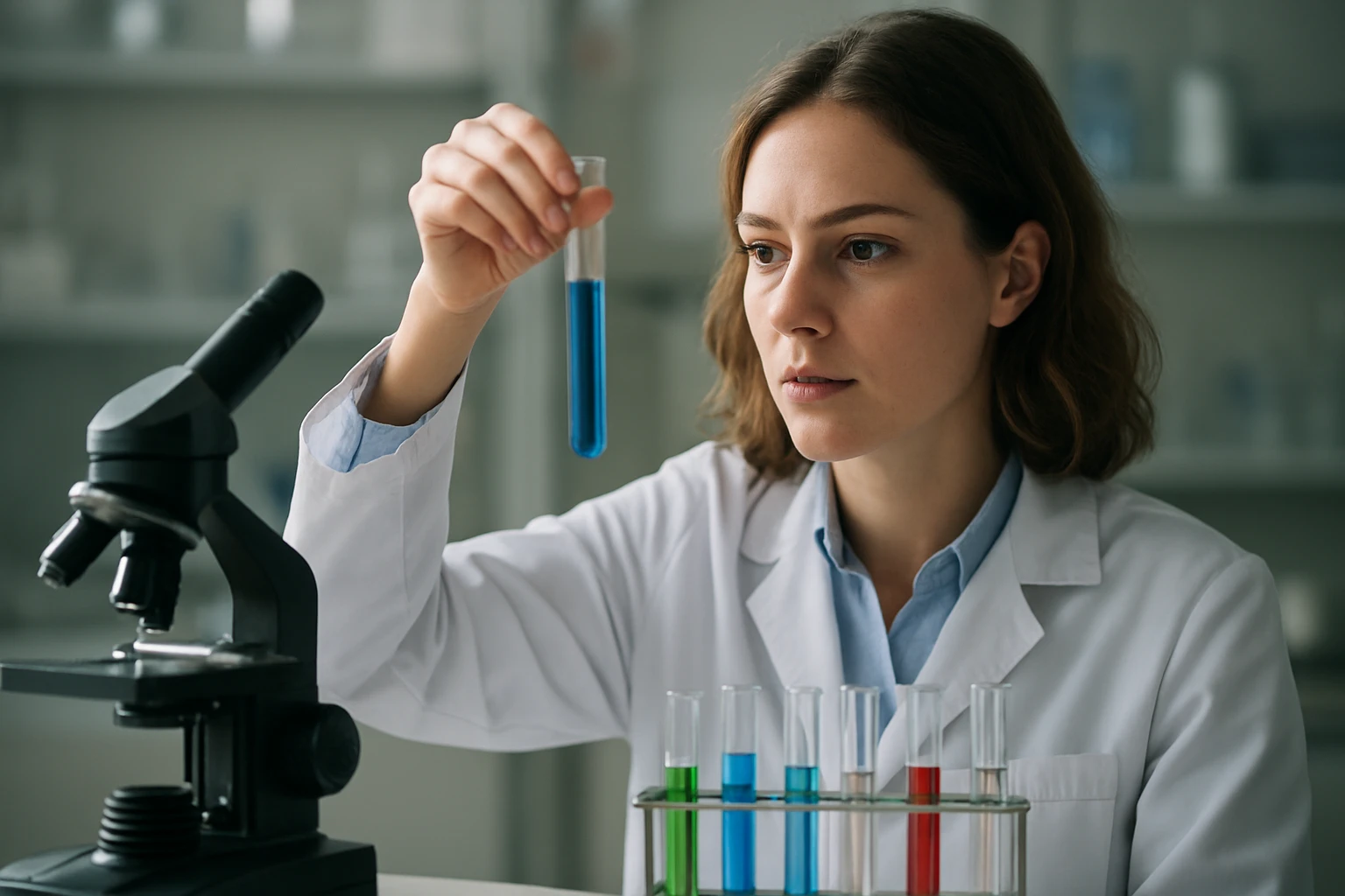 Kémikus nő kémcsövet tart a kezében laborkörnyezetben.
