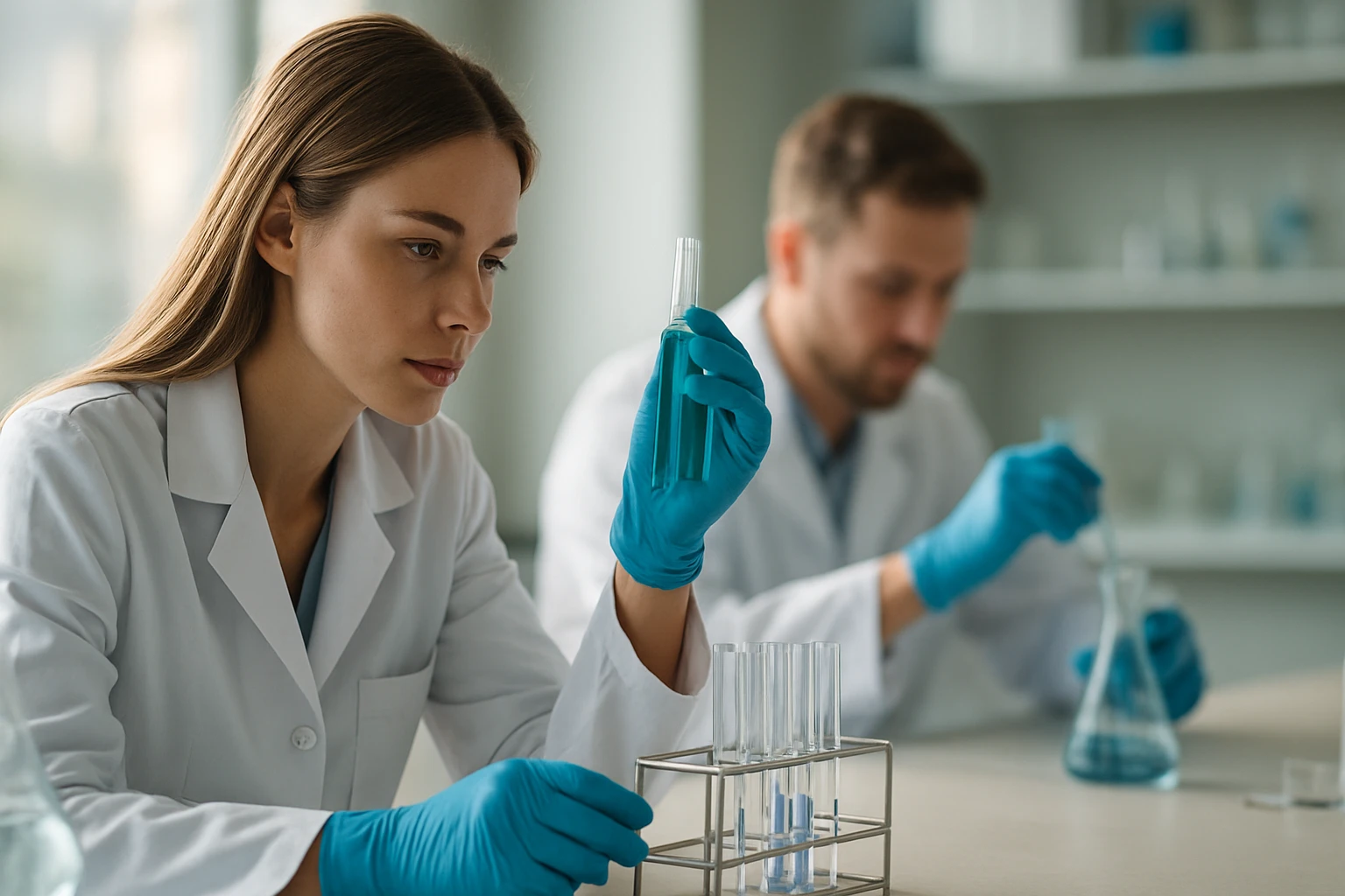 A kalcium-hipoklorit képlete, jellemzői és alkalmazási területei Két laboratóriumi dolgozó kémiai kísérletet végez