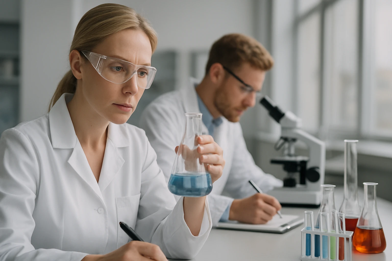 Kutatók laboratóriumban kalcium-laktáttal foglalkoznak.