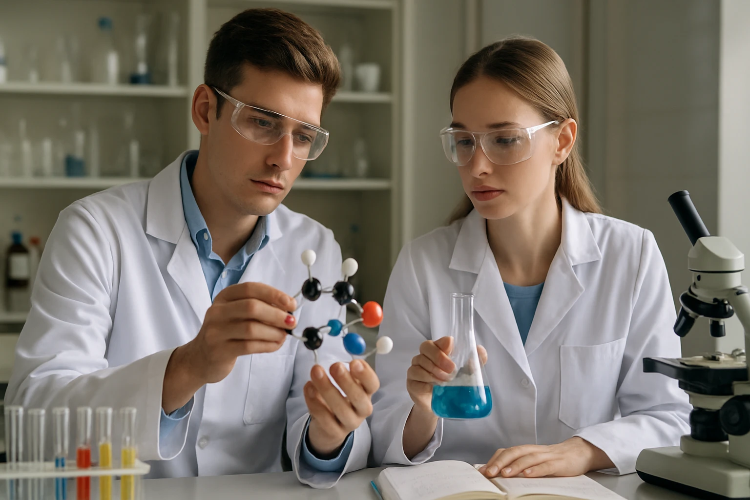 Két kutató a kalcium-ortofoszfát molekulájával és laboratóriumi kísérlettel.