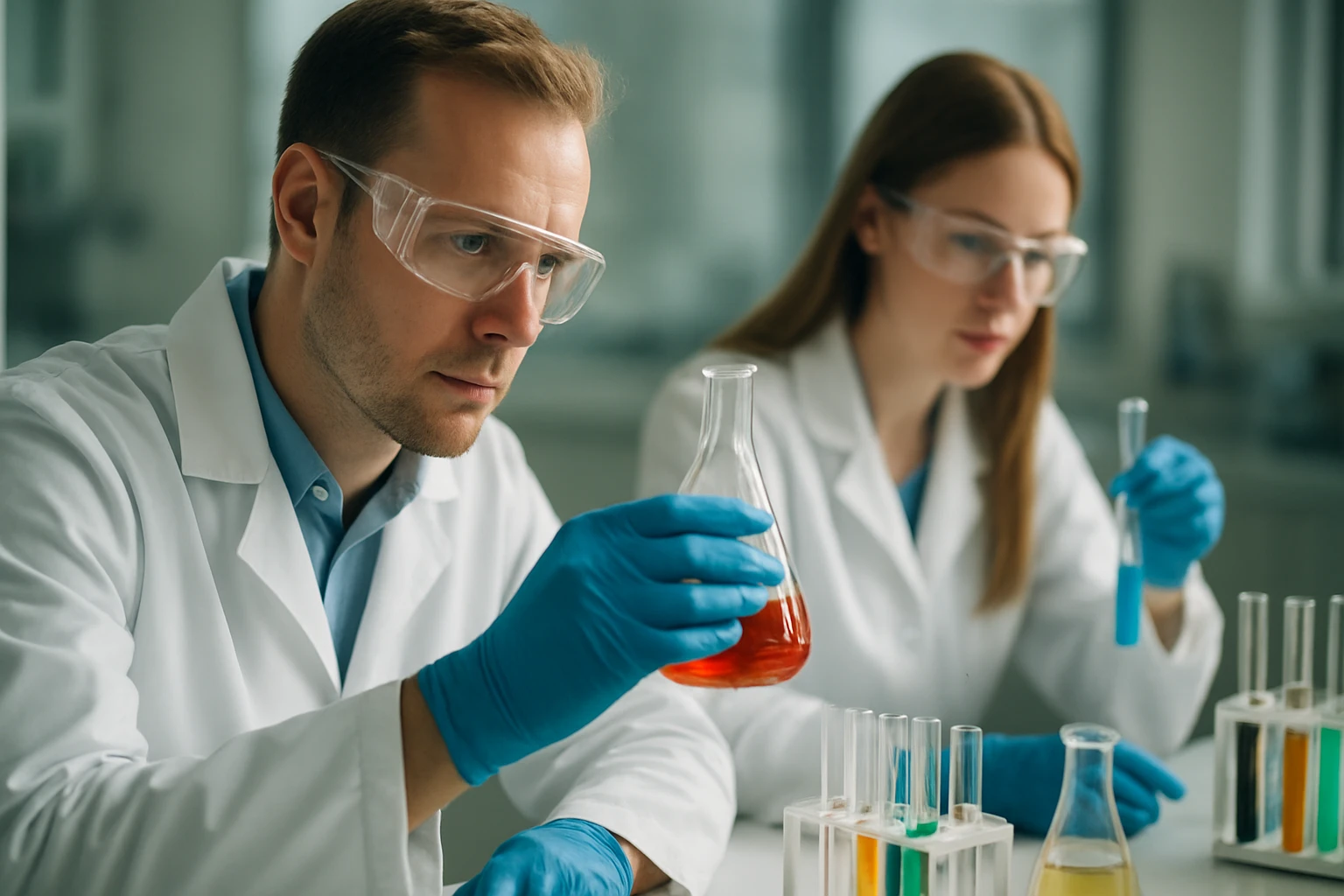 Két tudós kémiai kísérletet végez laboratóriumban.