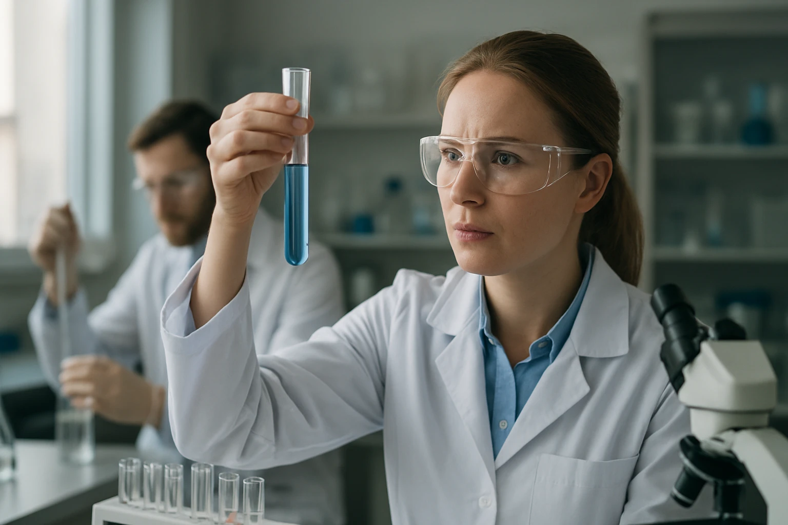 Kémikus kék folyadékkal töltött kémcsövet vizsgál, laboratóriumi környezetben.