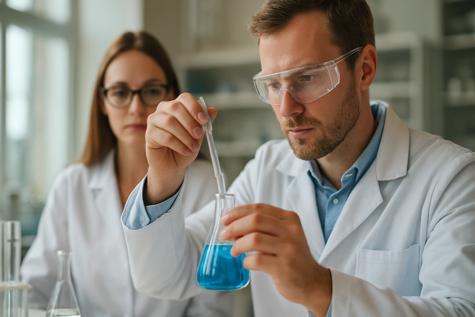 Két tudós laboratóriumi környezetben kalcium-szulfát anhidritot vizsgál.