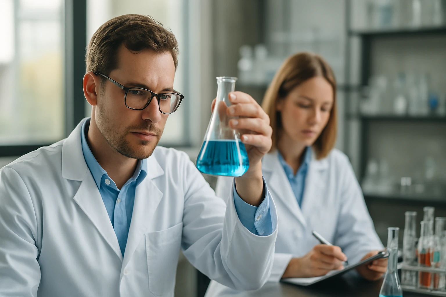 Két tudós laboratóriumban, kalcium-szulfit vizsgálata