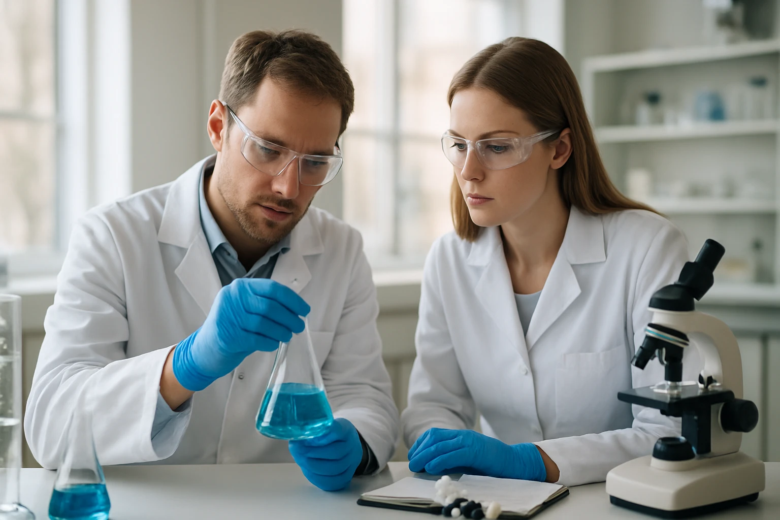 Két kutató laboratóriumi környezetben, káli-salétrom elemzésével foglalkozik.