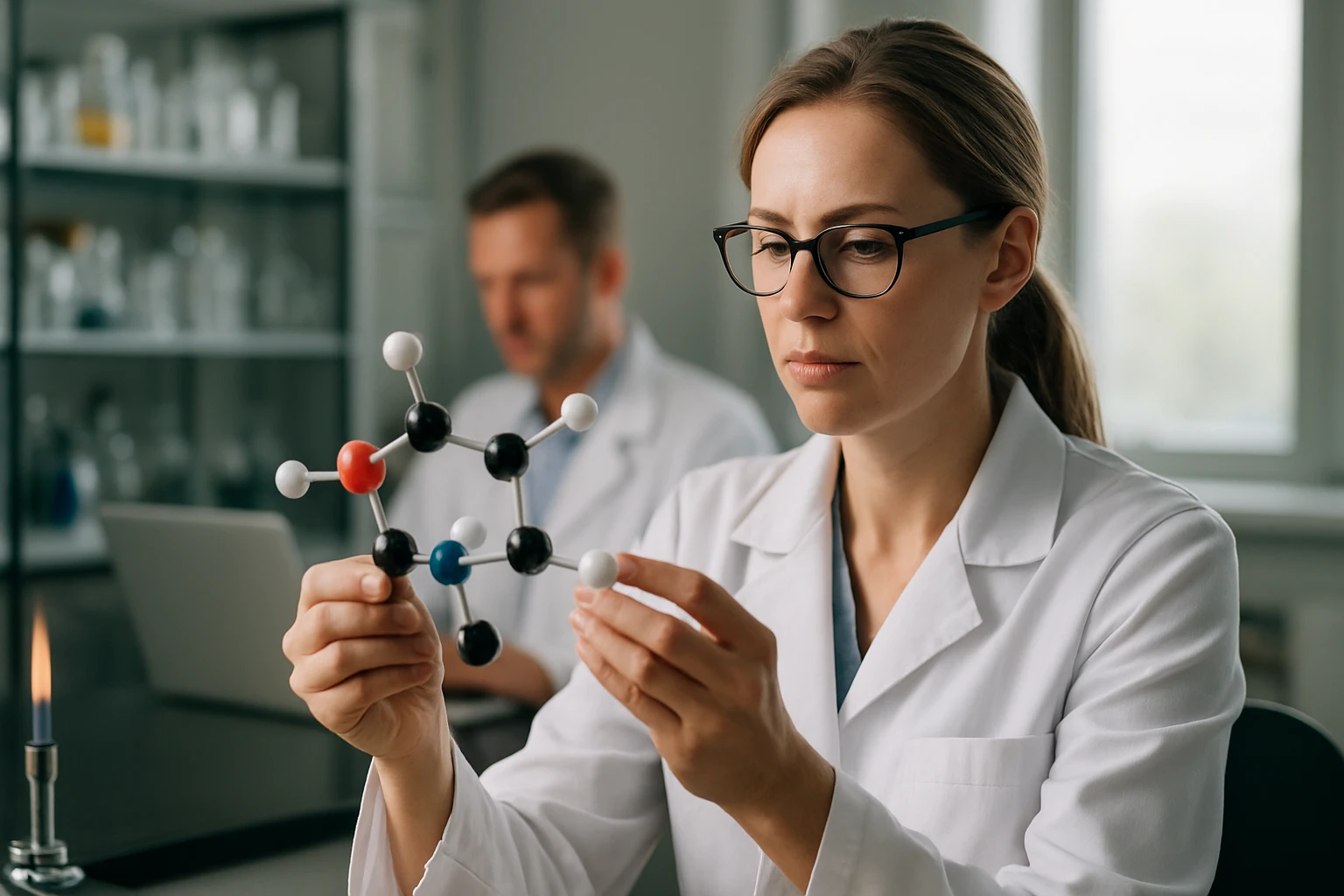 Kémikus a kalifornium molekulát vizsgálja laboratóriumban.