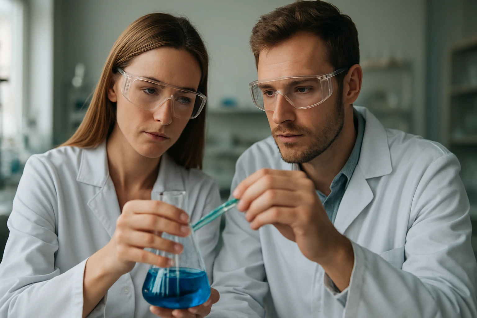 Két tudós laboratóriumban kémiai kísérletek végzése közben