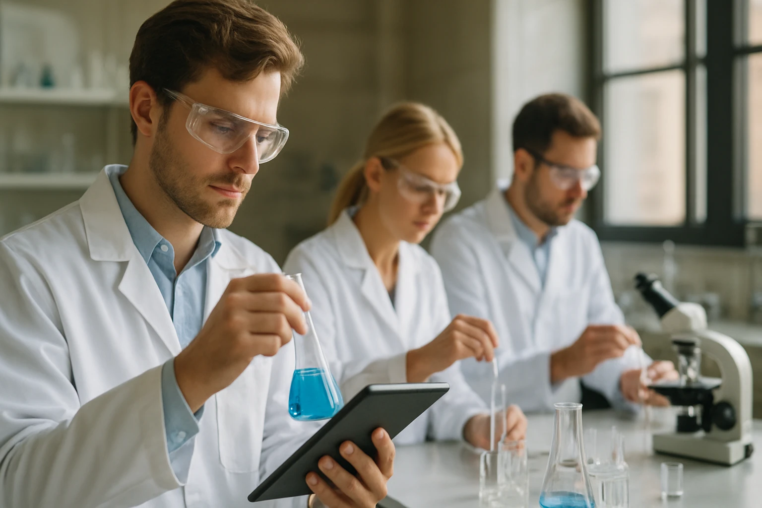 Laboratóriumi környezetben dolgozó tudósok kísérleteznek.