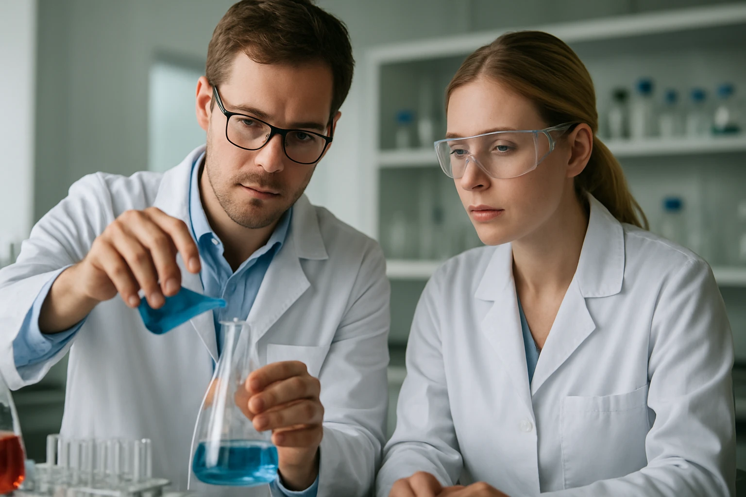 Két kémikus laboratóriumban dolgozik a kálium-alumínium-triszilikát vizsgálatán.