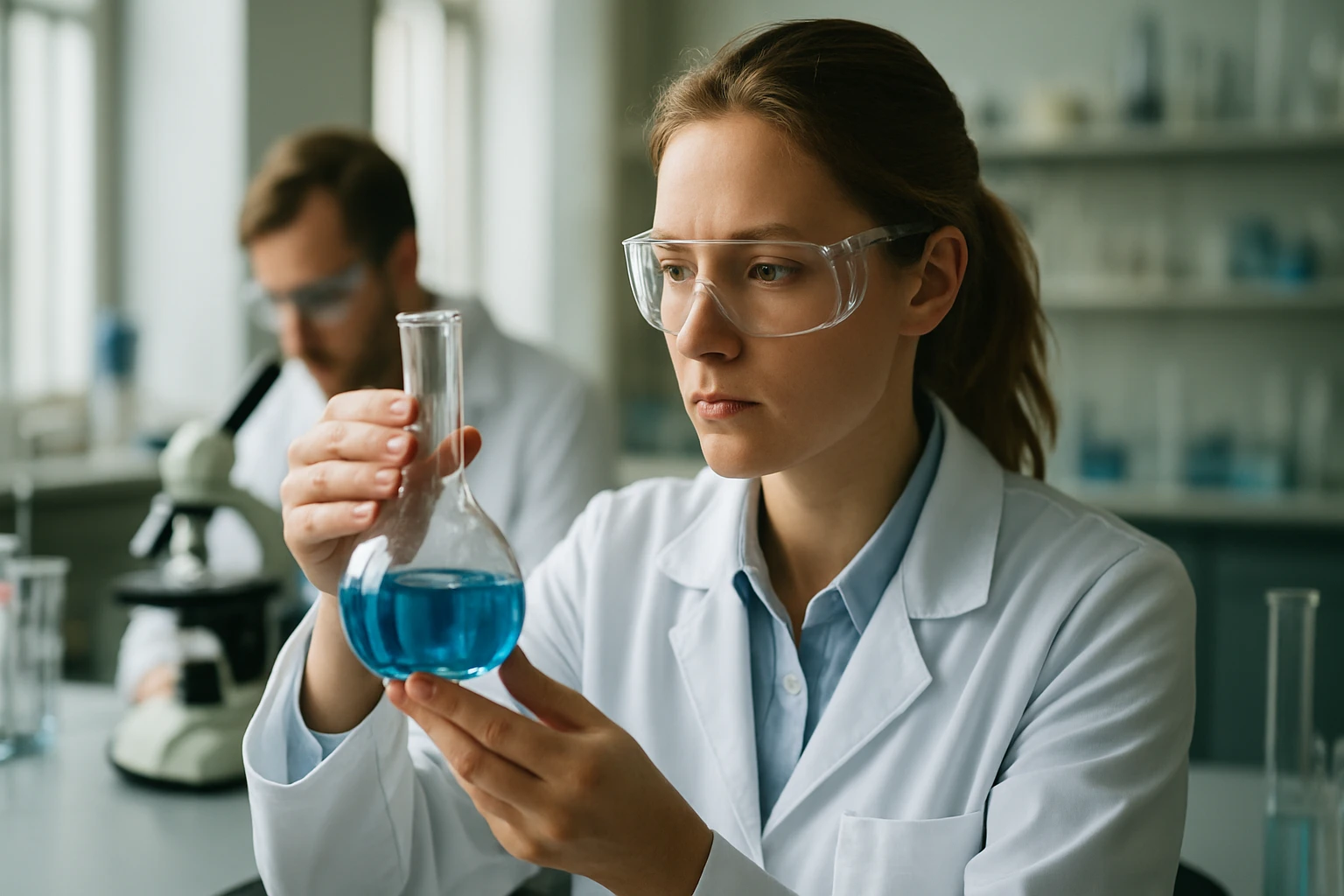 Kísérleti munka kémiai laboratóriumban, kék folyadékkal ellátott lombik