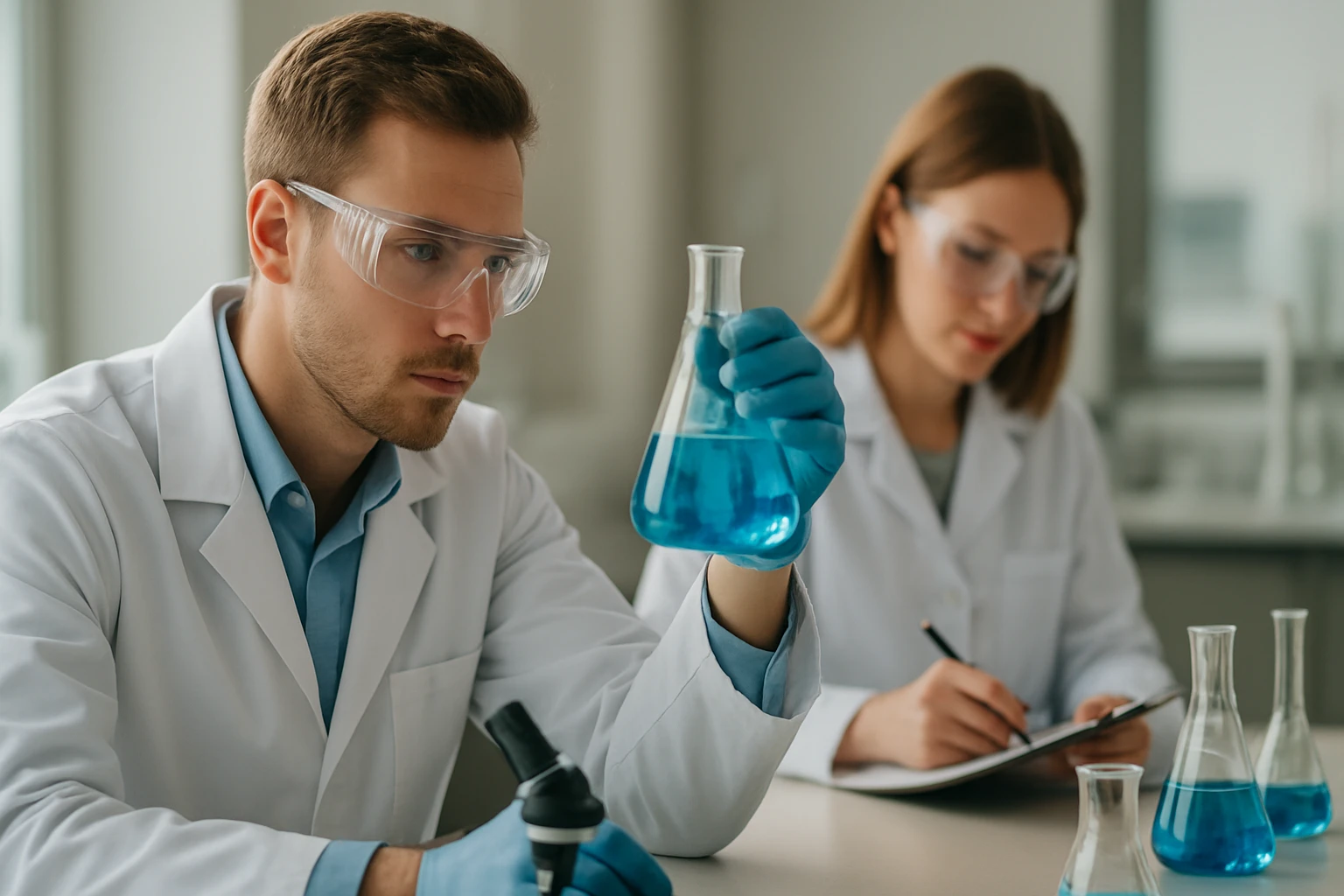 Laboratóriumi szakemberek kísérleteznek kálium-biszulfáttal.