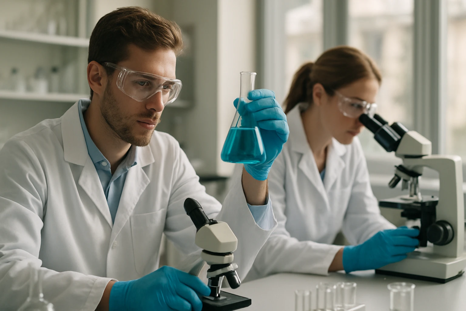 Kémiai laboratóriumi kísérletek szakemberekkel, kálium-cianiddal