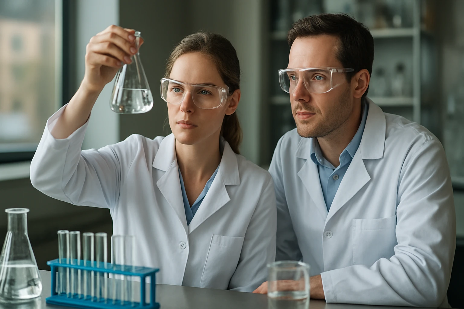 Kémiai kísérlet során két laboráns fehér köpenyben és védőszemüvegben.