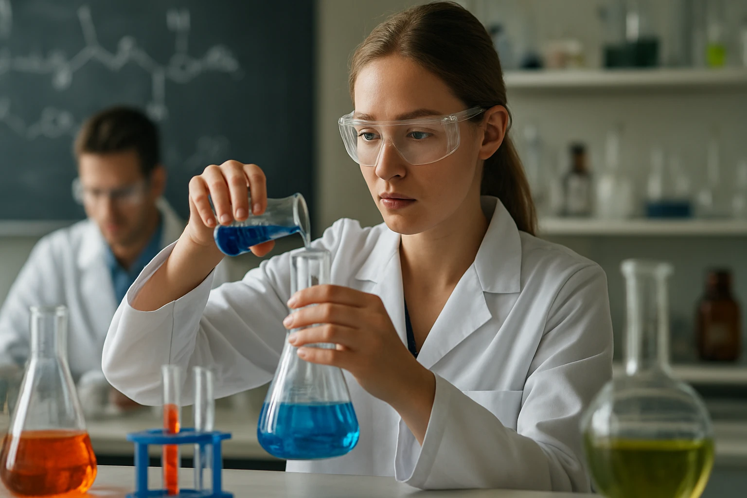 A kálium-dinátrium-etilén-diamin-tetraacetát szerkezete és jelentősége Kémikus laboratóriumban kísérletező nő, kék oldatot mérve pohárba.