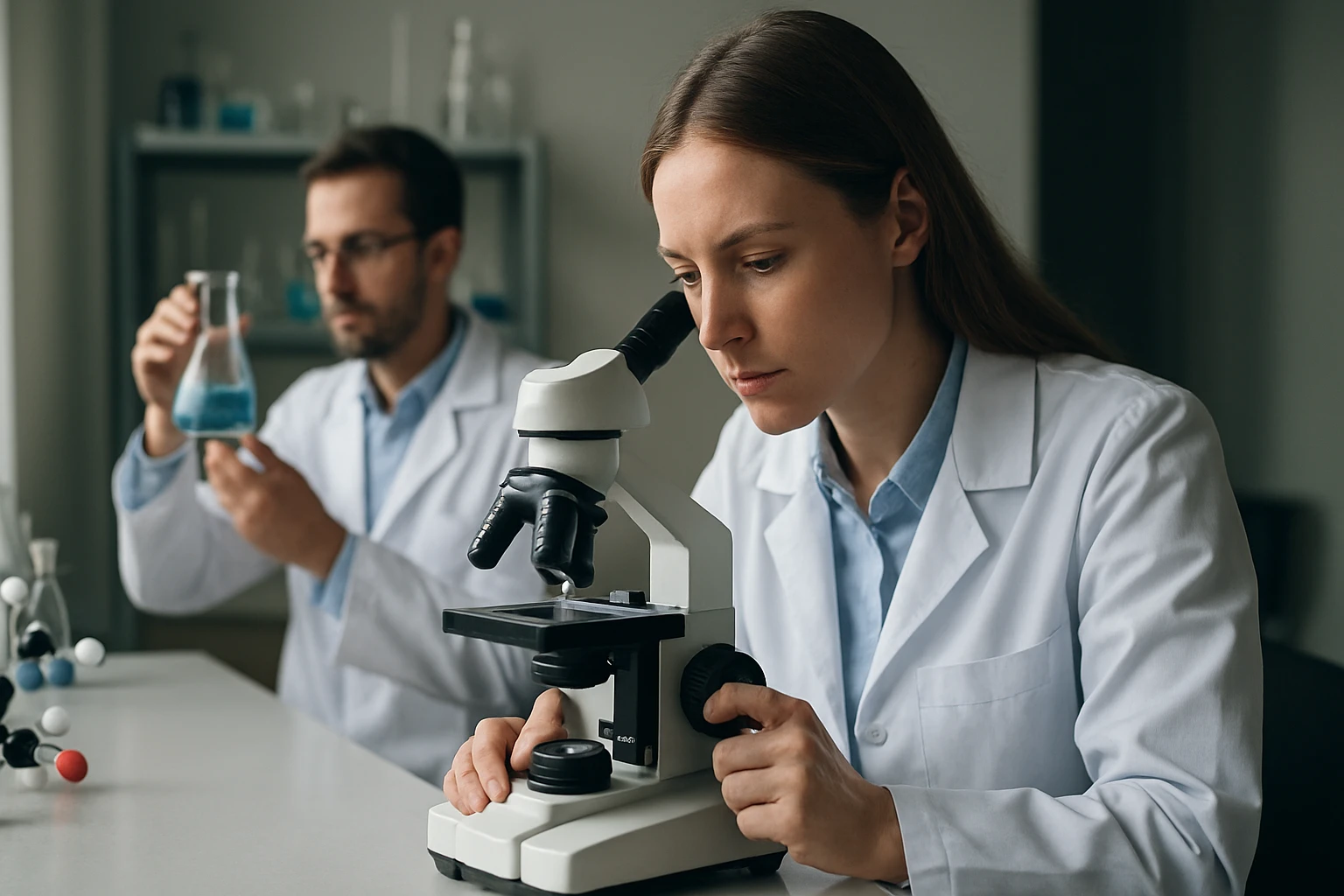 Kémiai laboratóriumi kutatás, mikroszkópolás és kísérletezés.