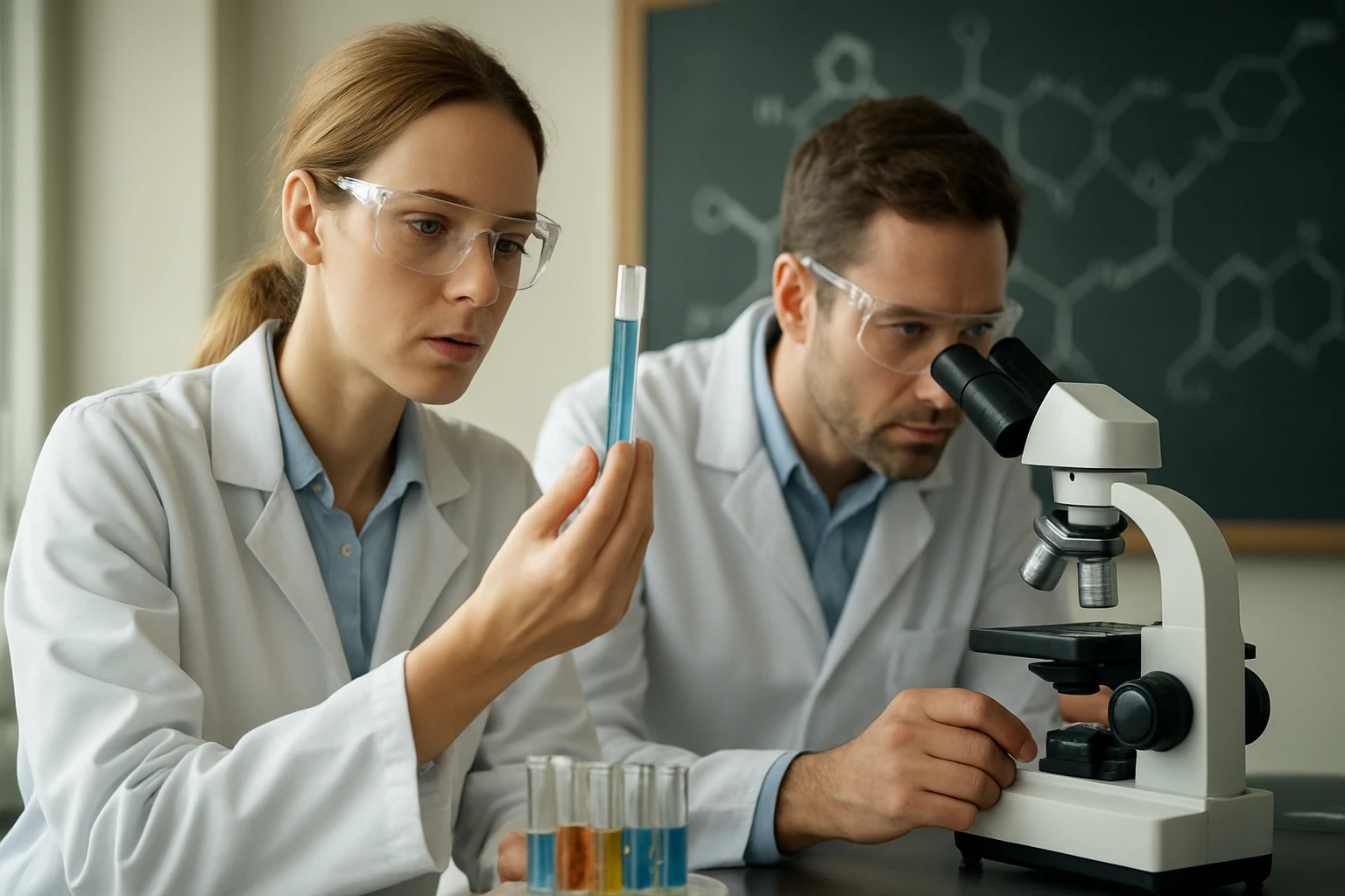 Két tudós laboratóriumban dolgozik kémiai kísérleteken.