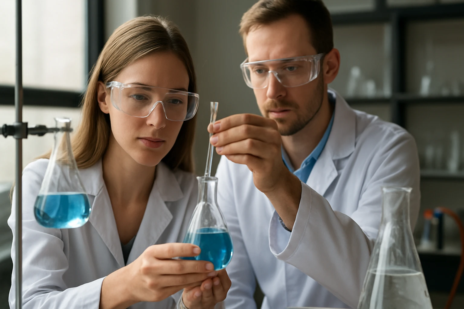 Két kutató laboratóriumban, különböző kémiai anyagokat vizsgálnak.