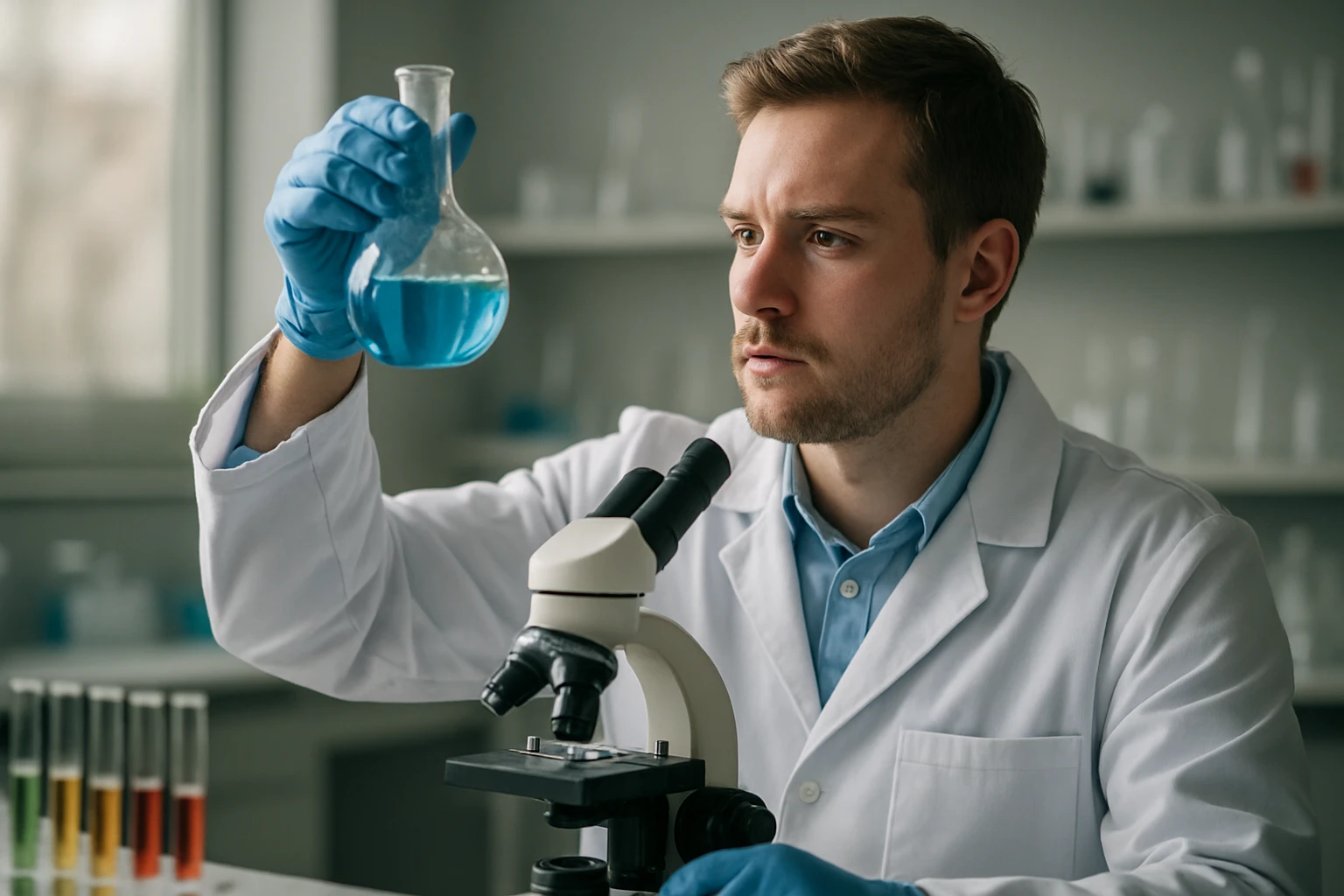 Kémikus laboratóriumban kémcsövet vizsgálva egy kék folyadékkal.