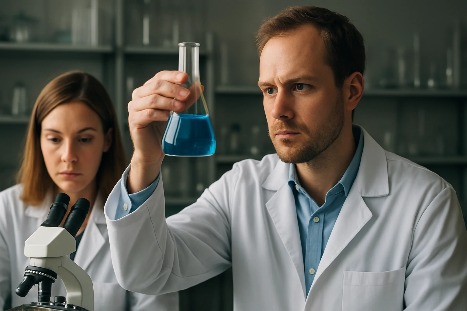 Két kutató laboratóriumi kísérletet végez, karbamid tulajdonságait elemzik.