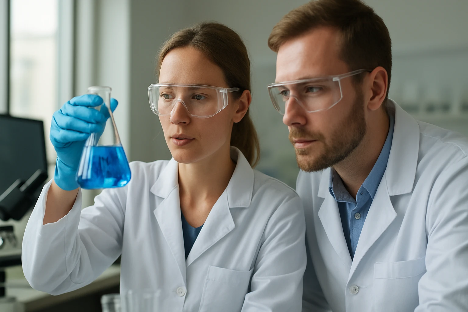 Két kutató vizsgál egy kémcsőben lévő kék folyadékot laboratóriumban.