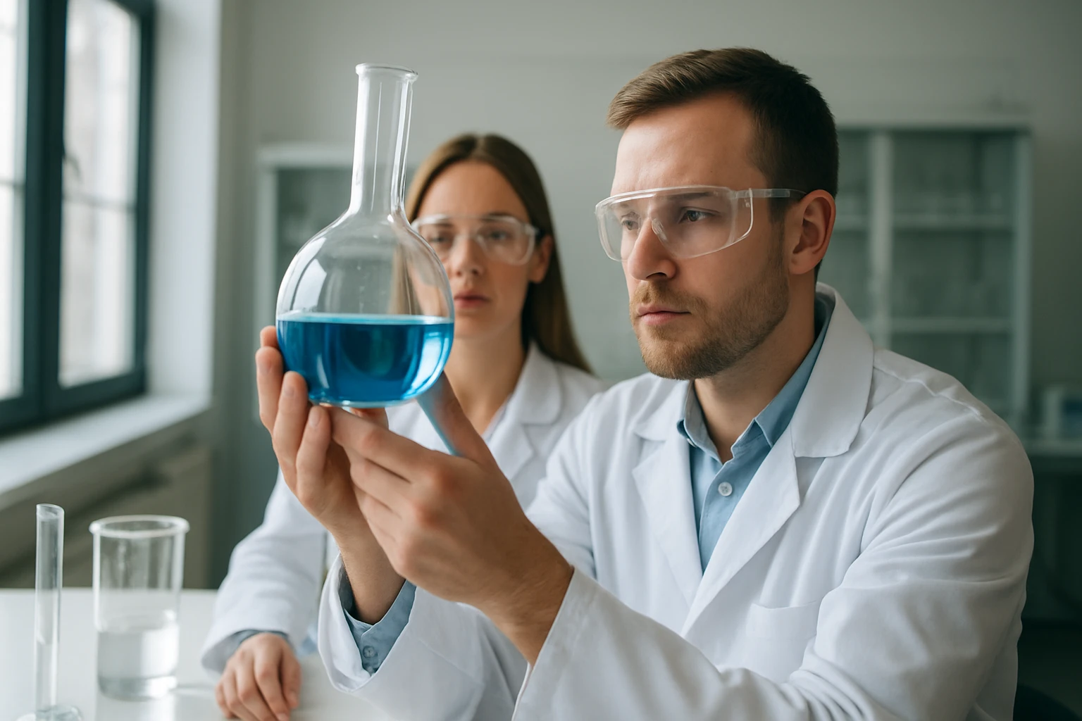 Kémiai kísérletet végző szakemberek egy laboratóriumban.