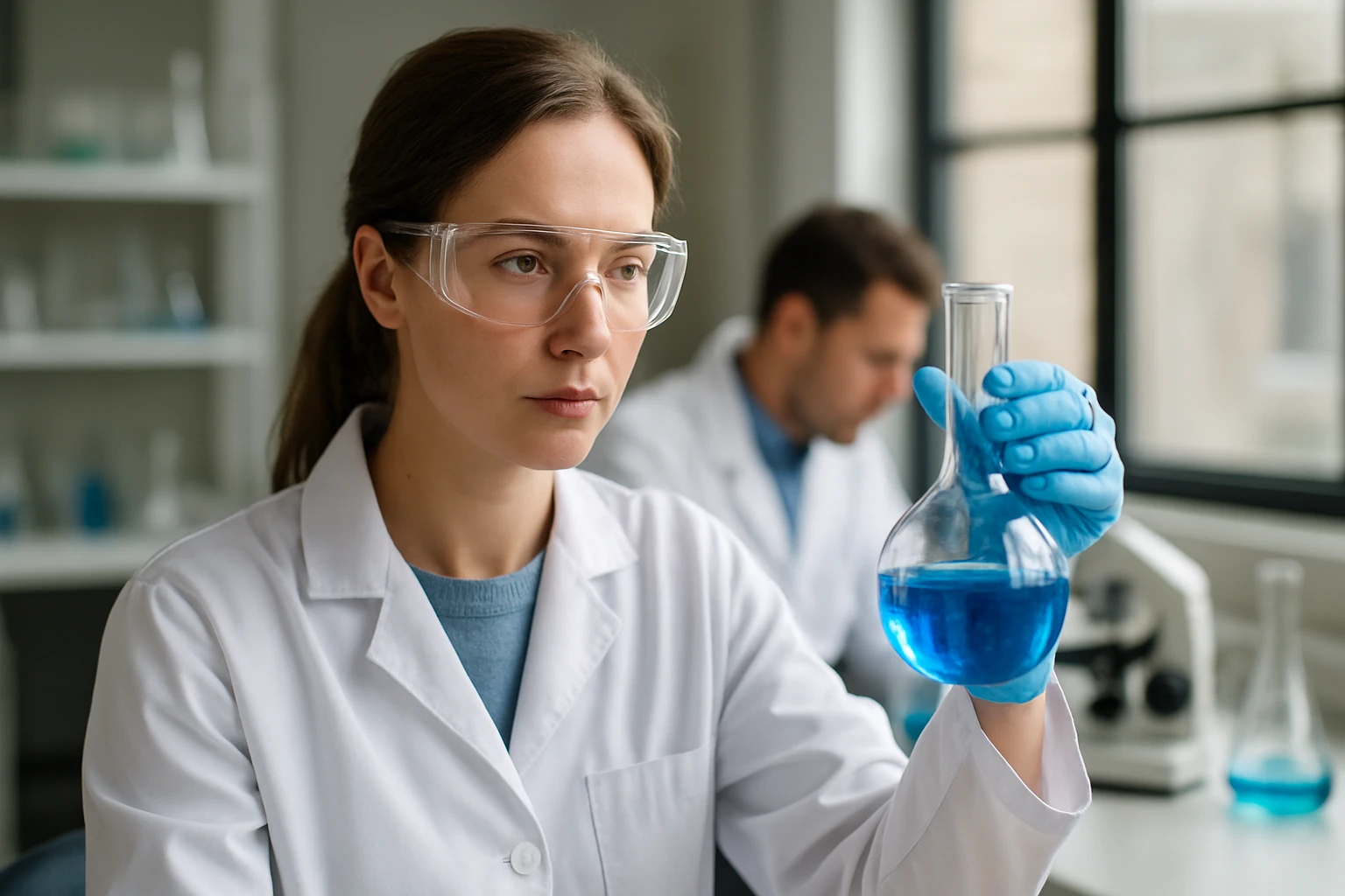 Kémiai kísérlet karboxilsavakkal, laboratóriumi munkát végző nő