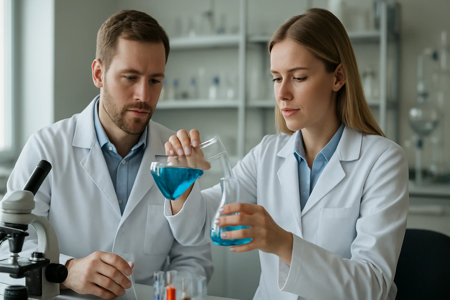 Két tudós kémiai kísérletet végez laborban, égszínkék folyadékokkal.