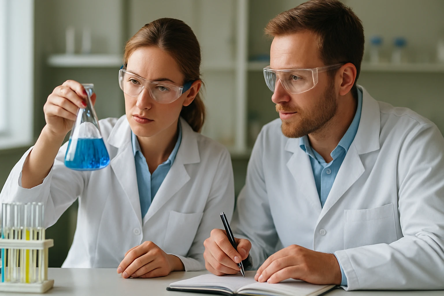 A kárvont képletének izomerei és illatanyagai: kömény és menta kapcsolata Két kutató a laborban, kék folyadékkal és jegyzetfüzettel dolgozik.