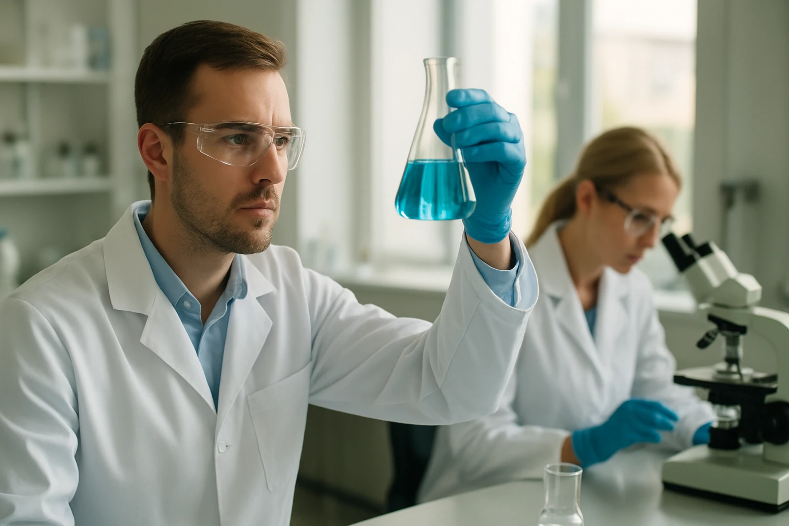 Kémiai laboratóriumi kísérlet: kék folyadékot vizsgáló kutató.