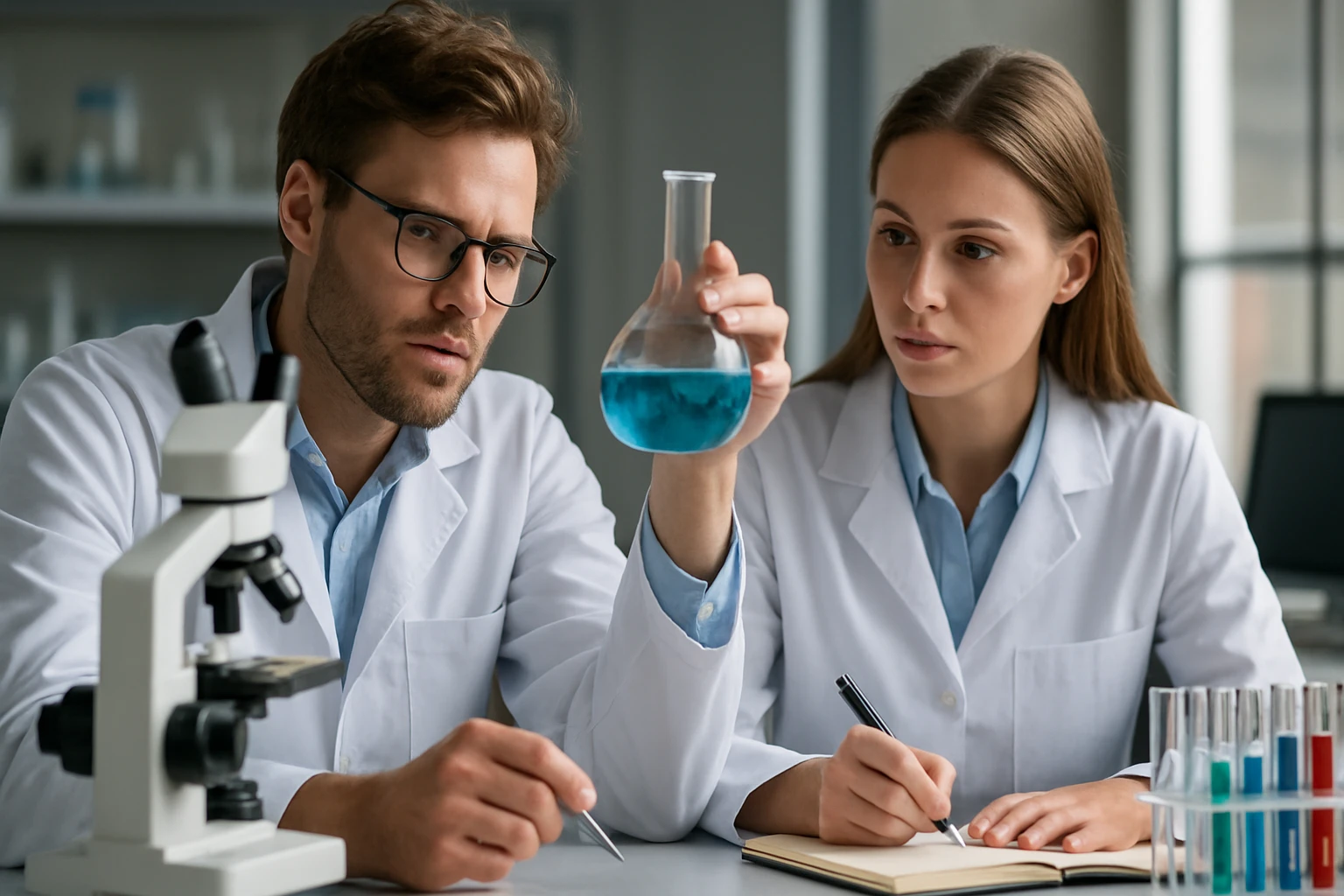 Két tudós laboratóriumban, kémcsövekkel és kémiai folyadékkal.