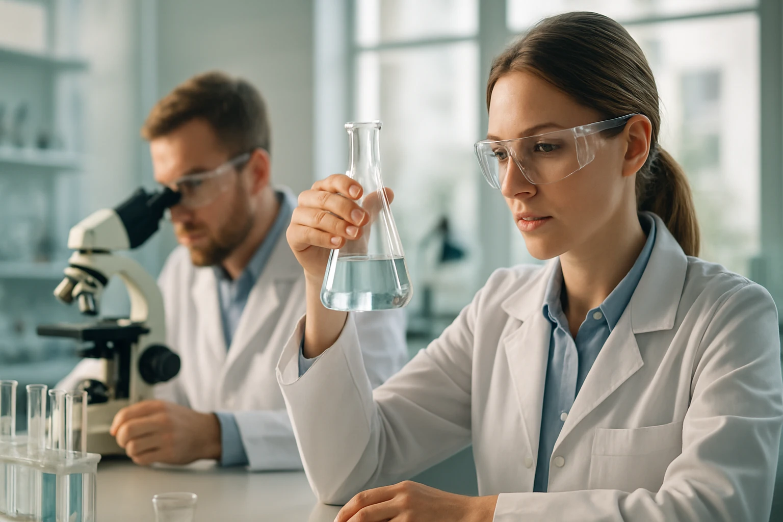 Kémikusok laboratóriumban kationos felületaktív anyagokkal dolgoznak.