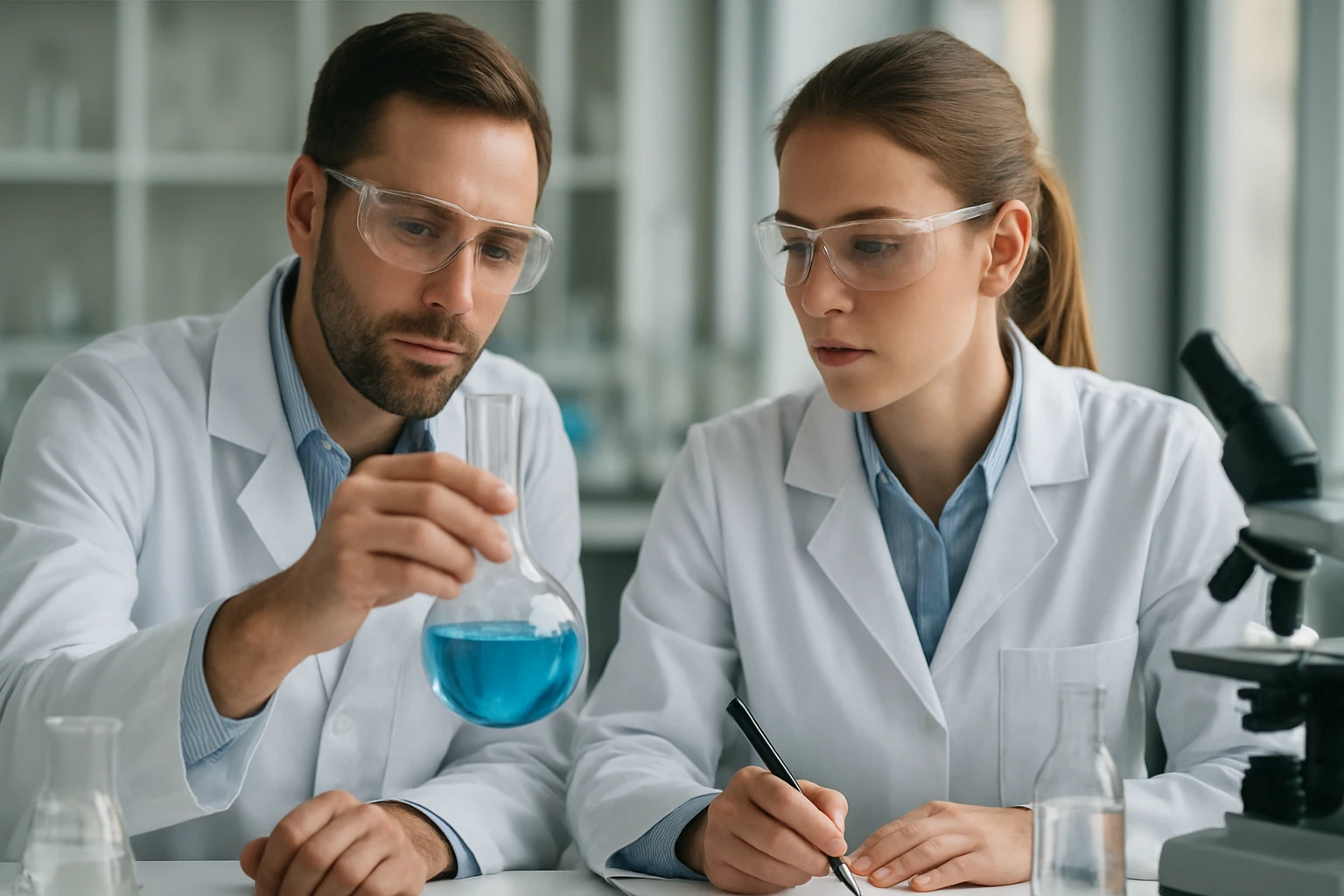 Két tudós kémiai kísérletet végez laboratóriumban.