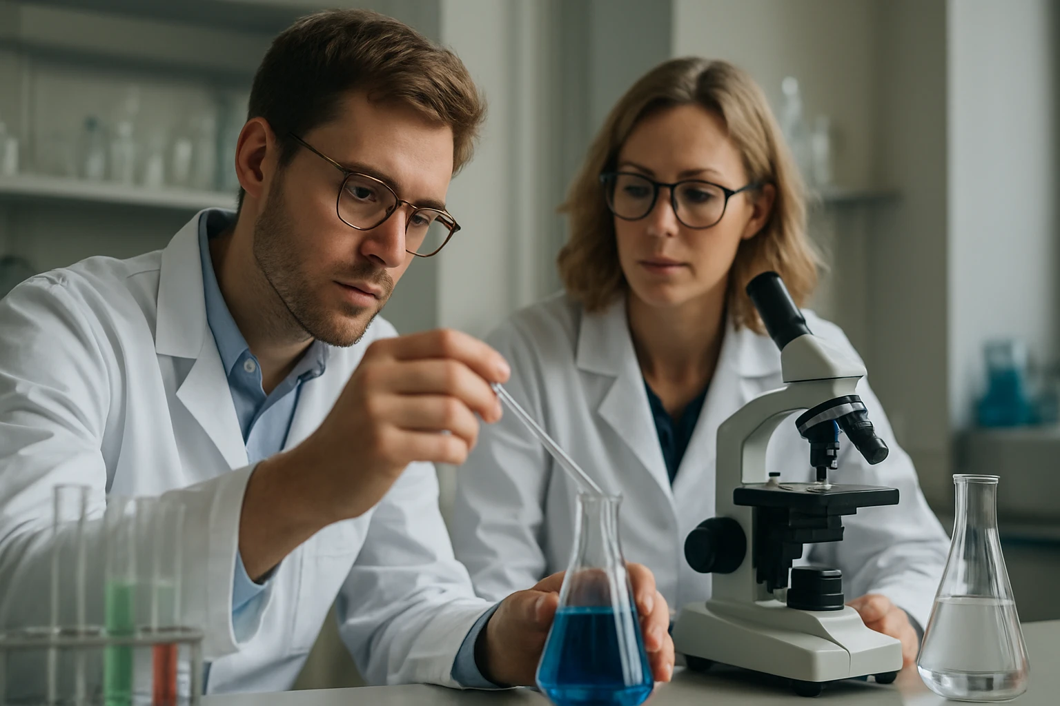 Két tudós laboratóriumi kísérletet végez kaucsukkal