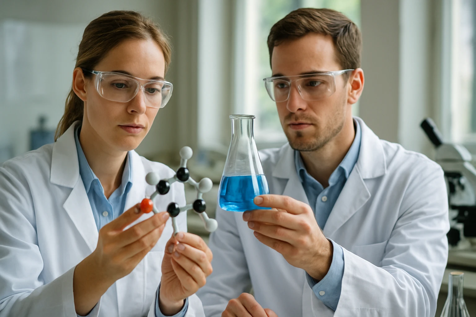 Kutatók a benzol Kekulé-szerkezetét vizsgálják laboratóriumban.