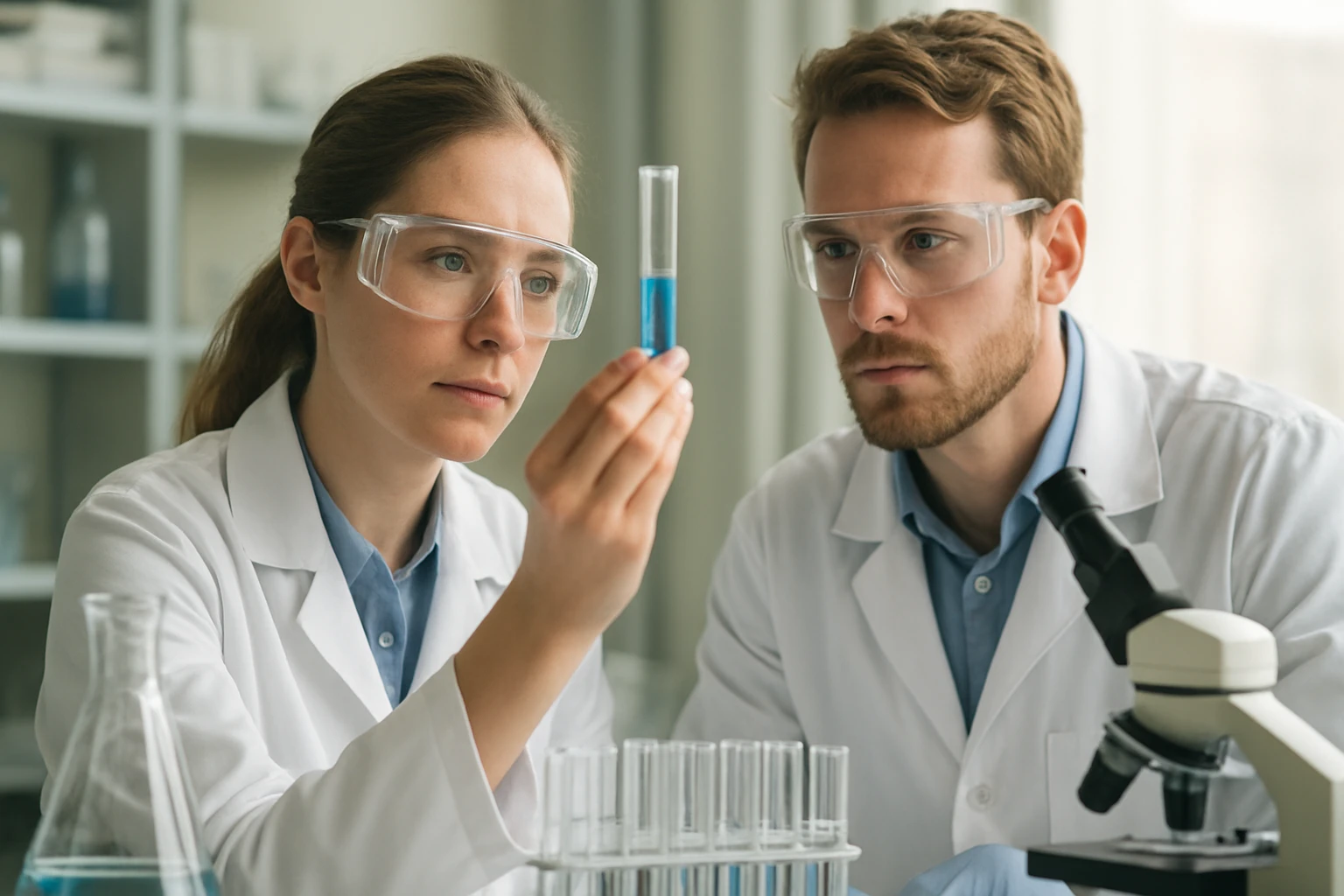 Két tudós laboratóriumban, mikroszkóp és kémcső mellett dolgoznak.