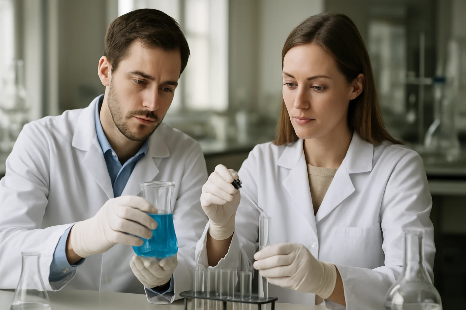 Két tudós laboratóriumban kémiai kísérleteket végez.