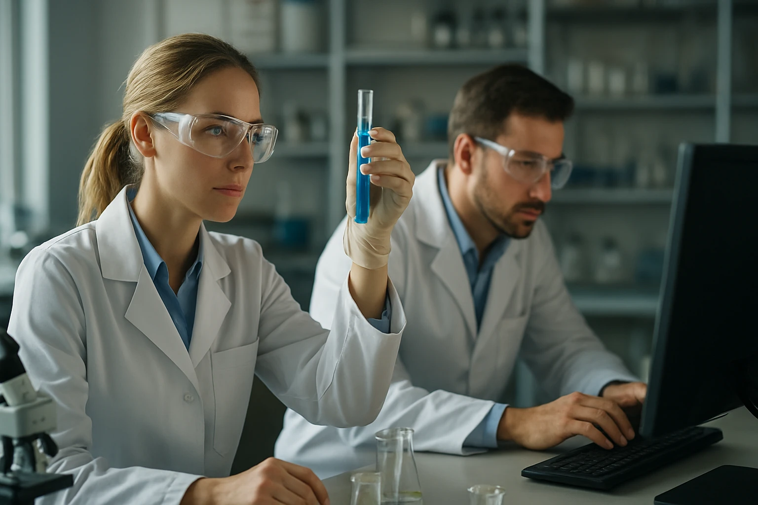 Kémikusok laboratóriumban, kémiai reakciókat vizsgálva.