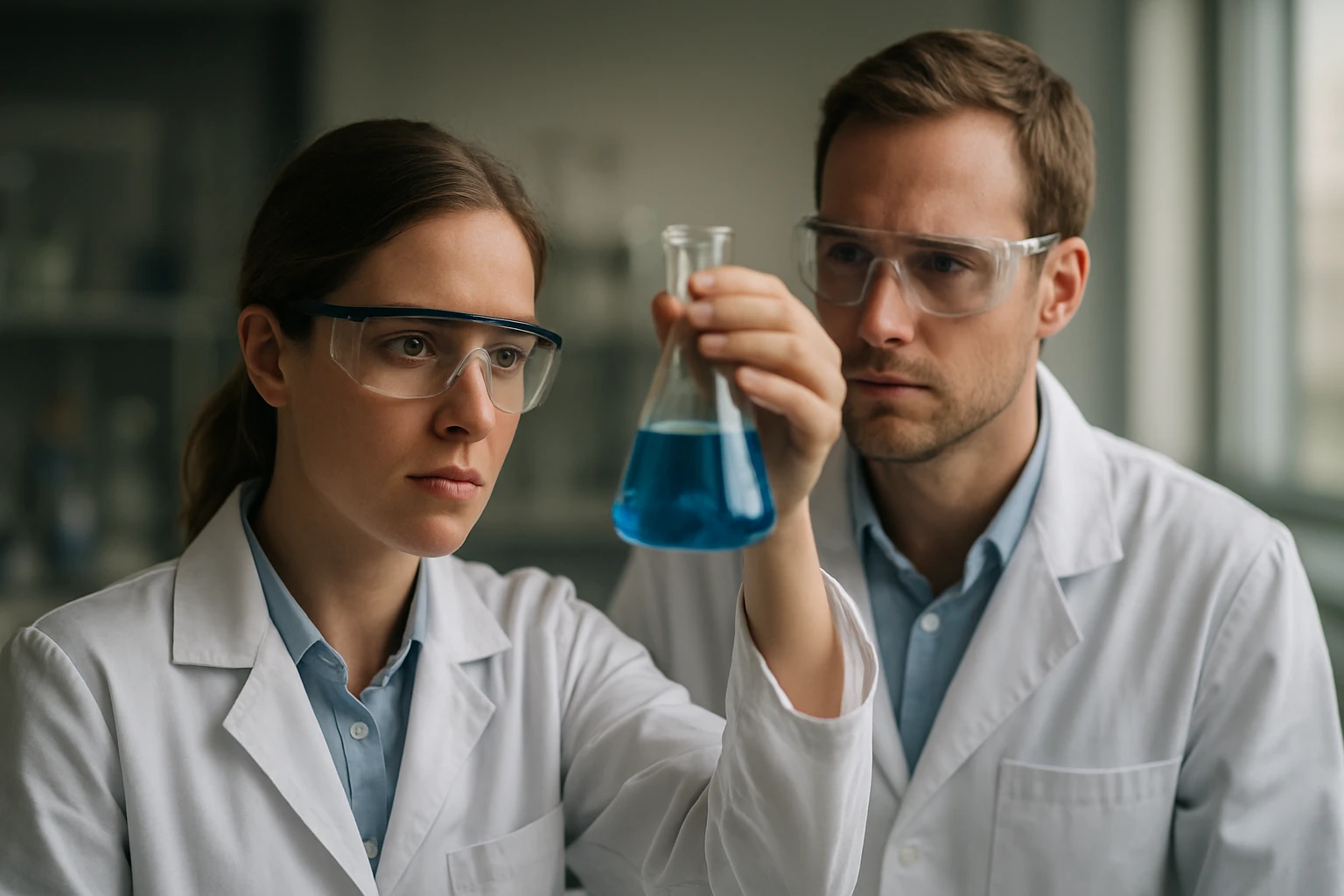 Két tudós laboratóriumában kék folyadéknak tanulmányozása