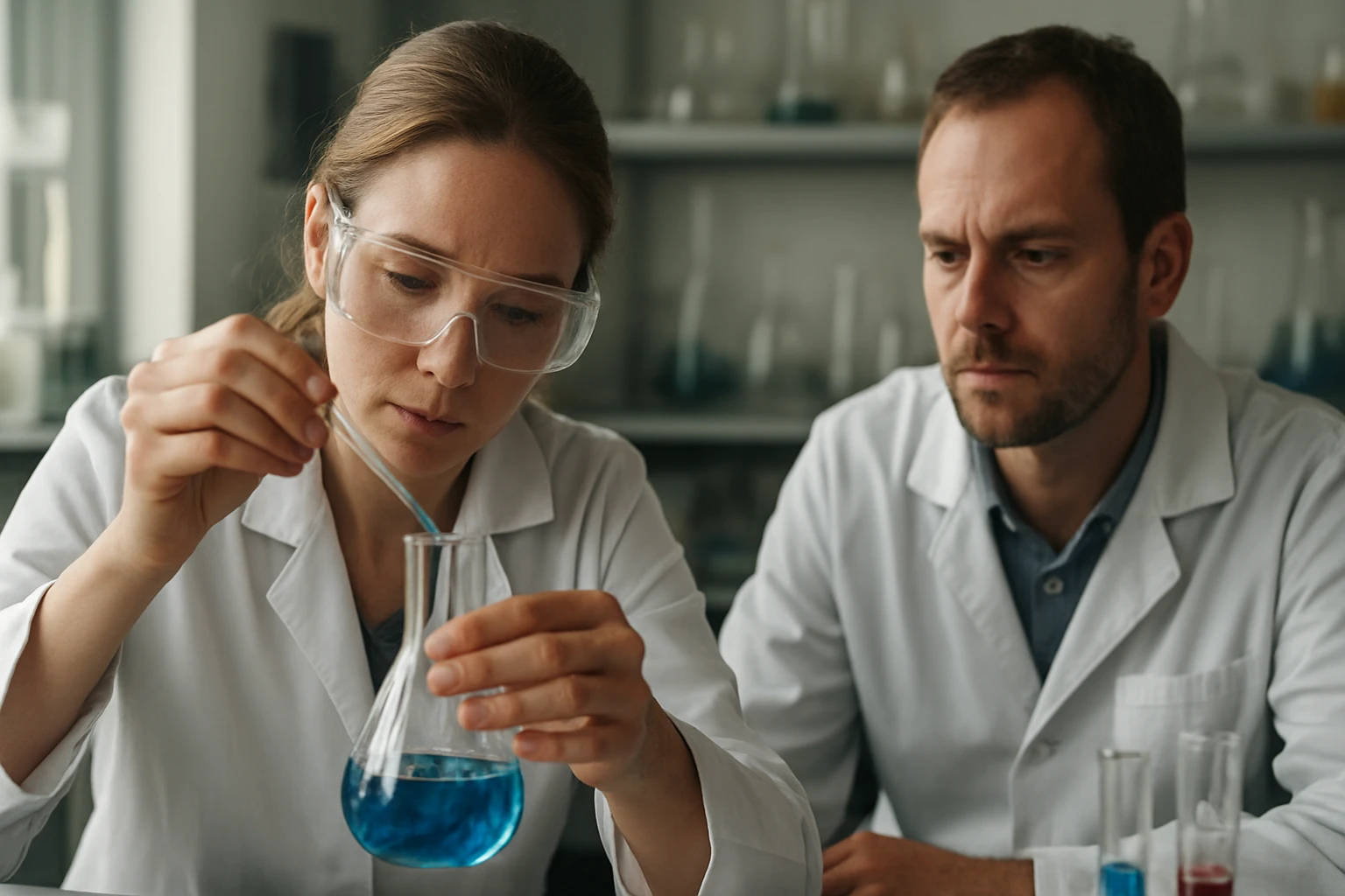 Két tudós kémiai reakciót vizsgál egy laborban.