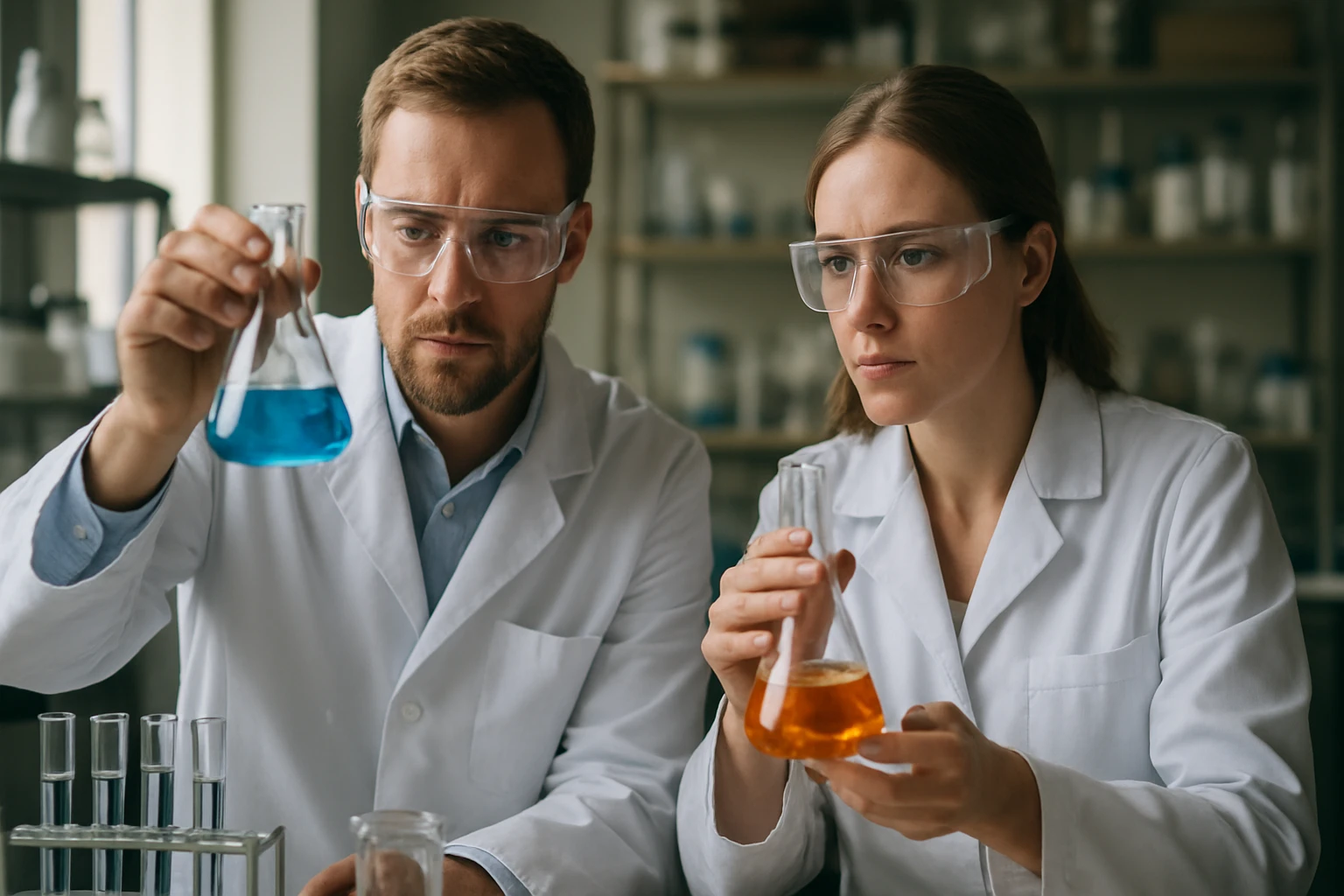 Két tudós kémiai elemzést végez laboratóriumban