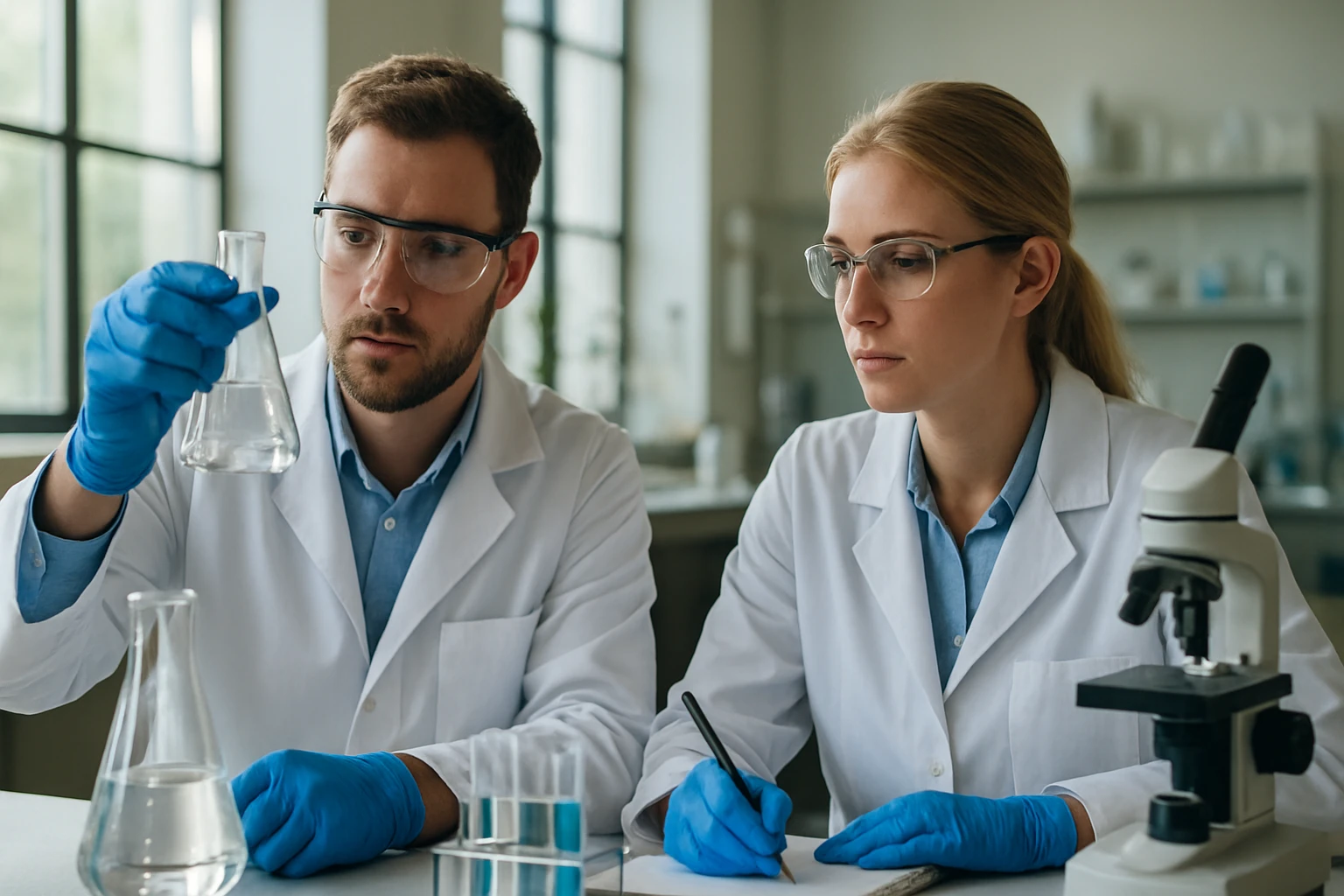 Két tudós laboratóriumi munkát végez, kémiai kísérletekhez szükséges eszközökkel.