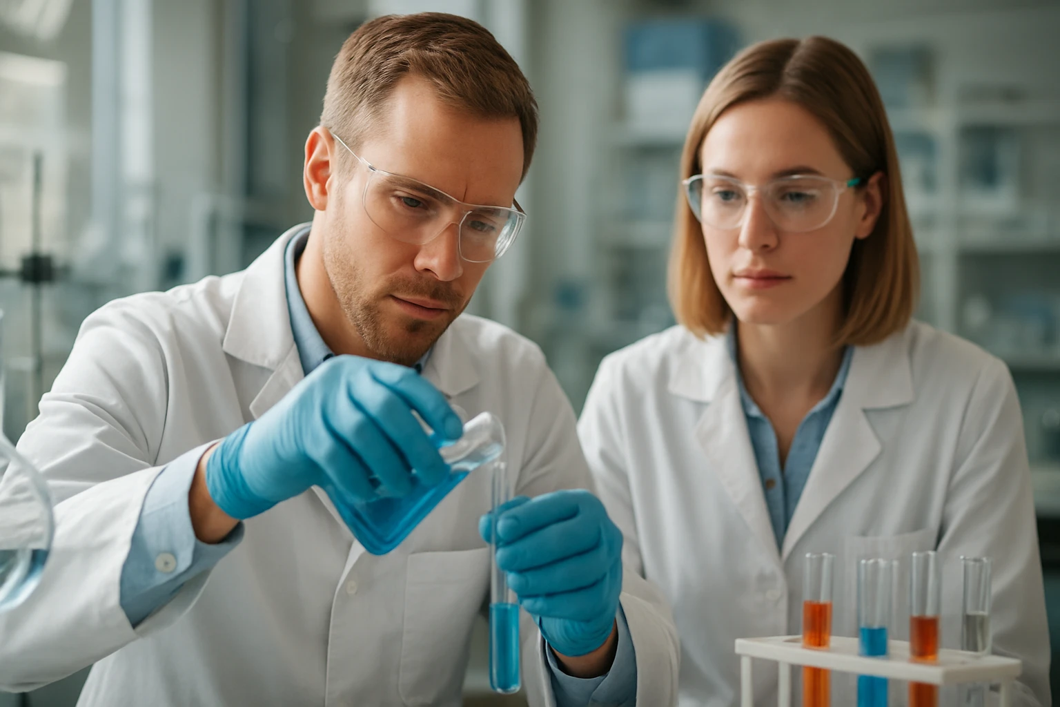 Két tudós kémiai kísérletet végez laboratóriumban